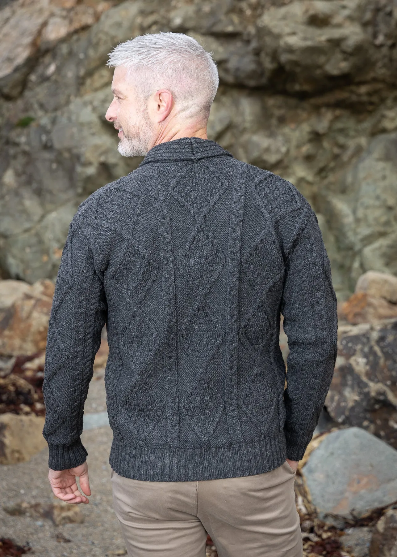 Aran Men's Shawl Button Cardigan | Charcoal