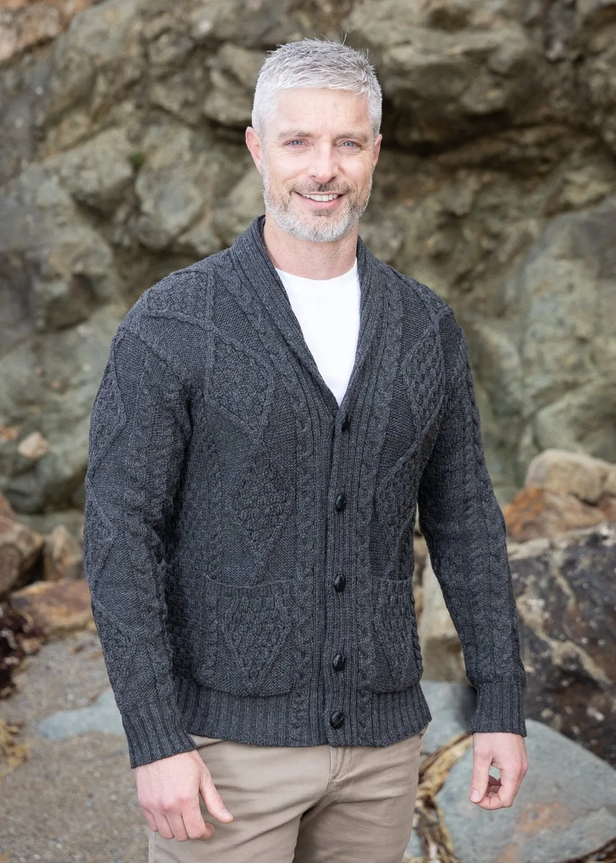 Aran Men's Shawl Button Cardigan | Charcoal