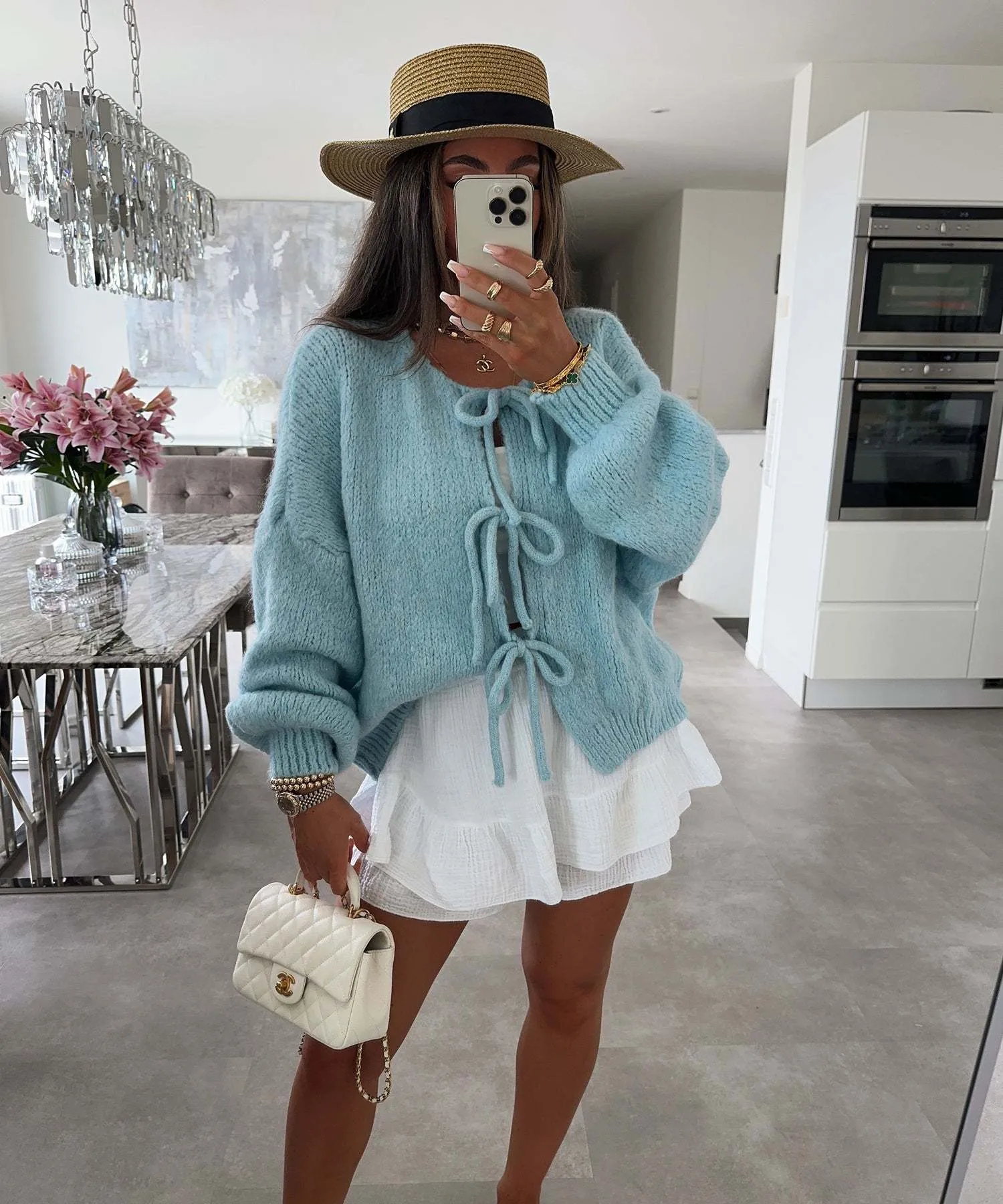 Clémence | Solid Color Crew Neck Lace-Up Cardigan