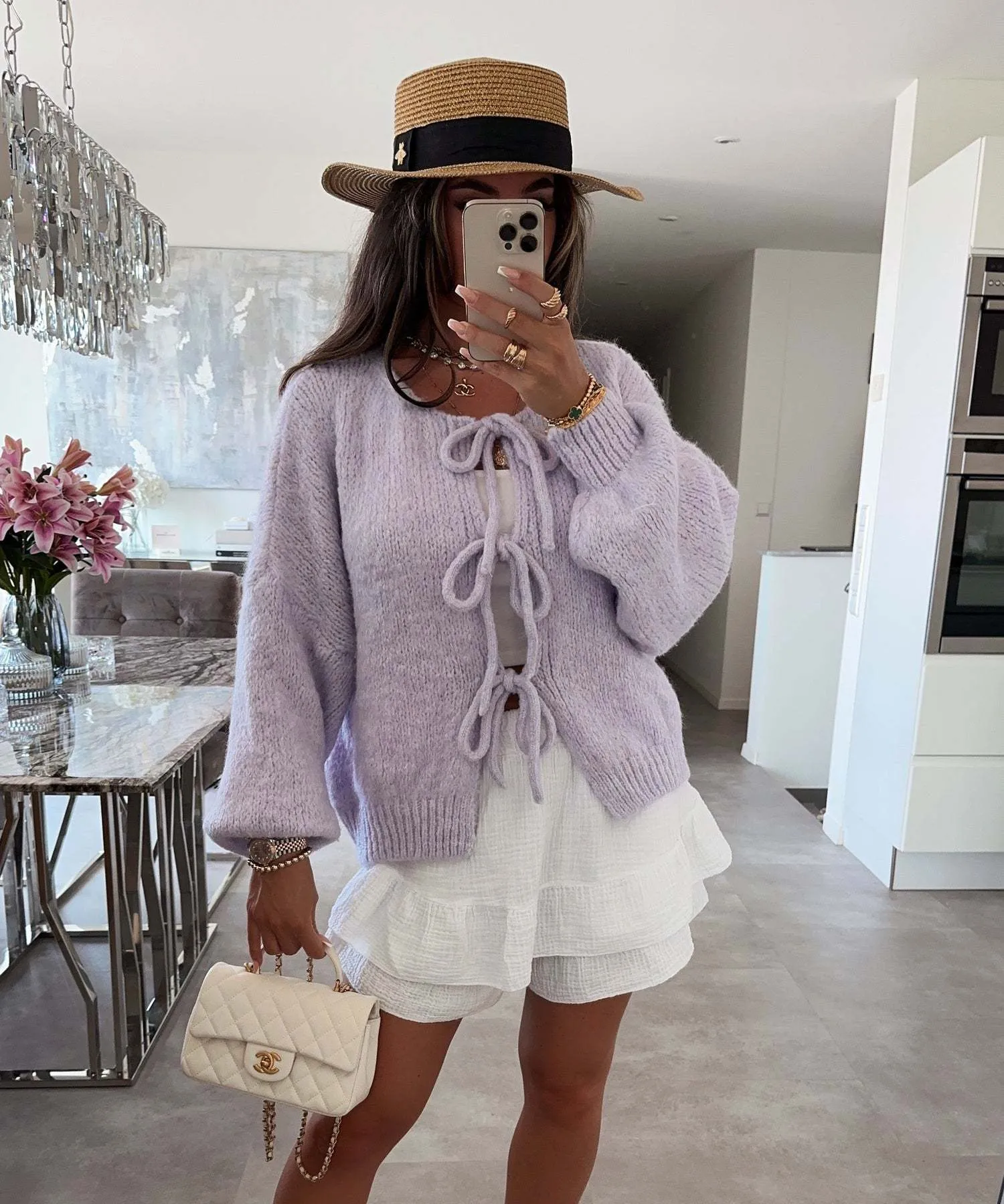 Clémence | Solid Color Crew Neck Lace-Up Cardigan