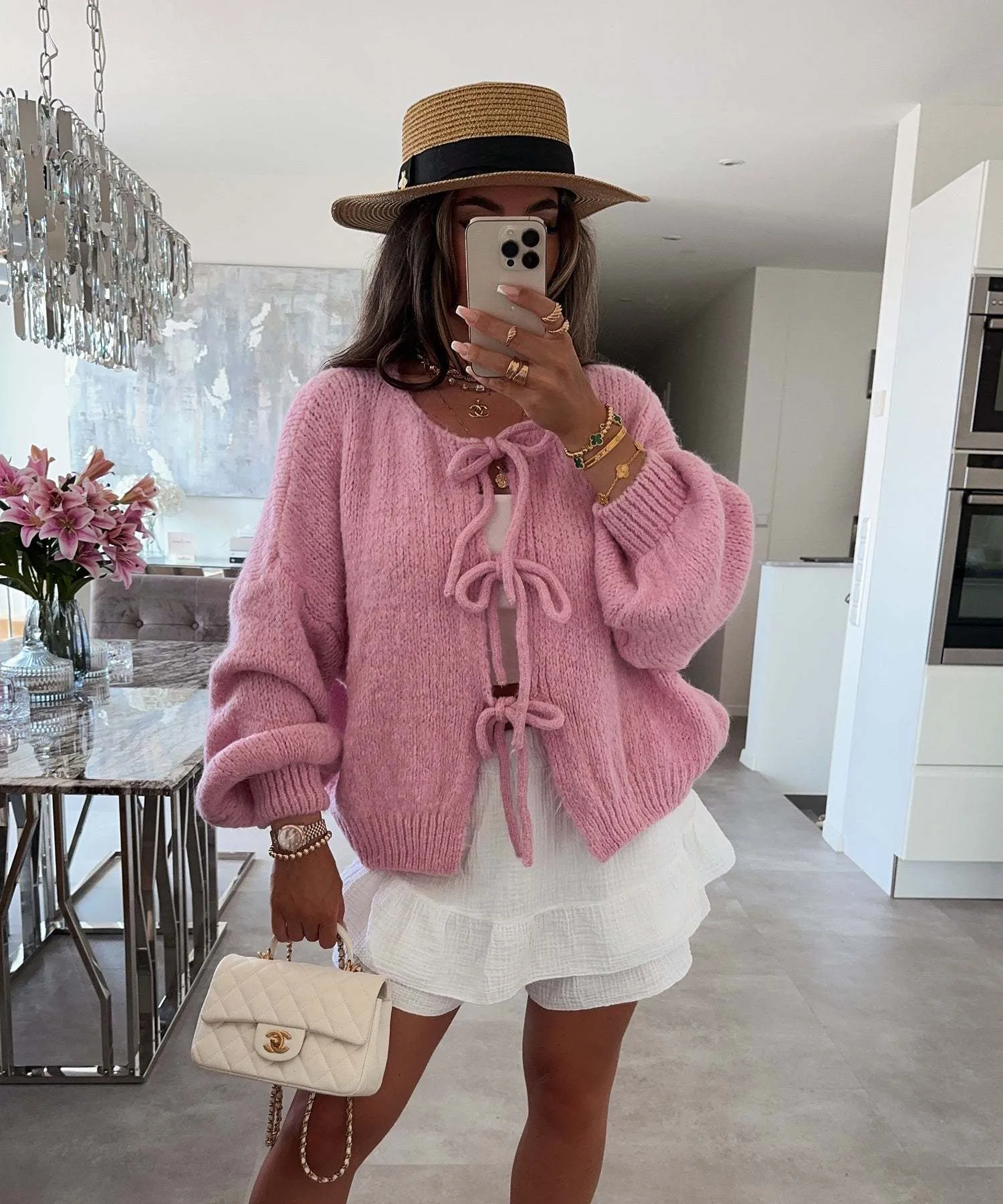 Clémence | Solid Color Crew Neck Lace-Up Cardigan