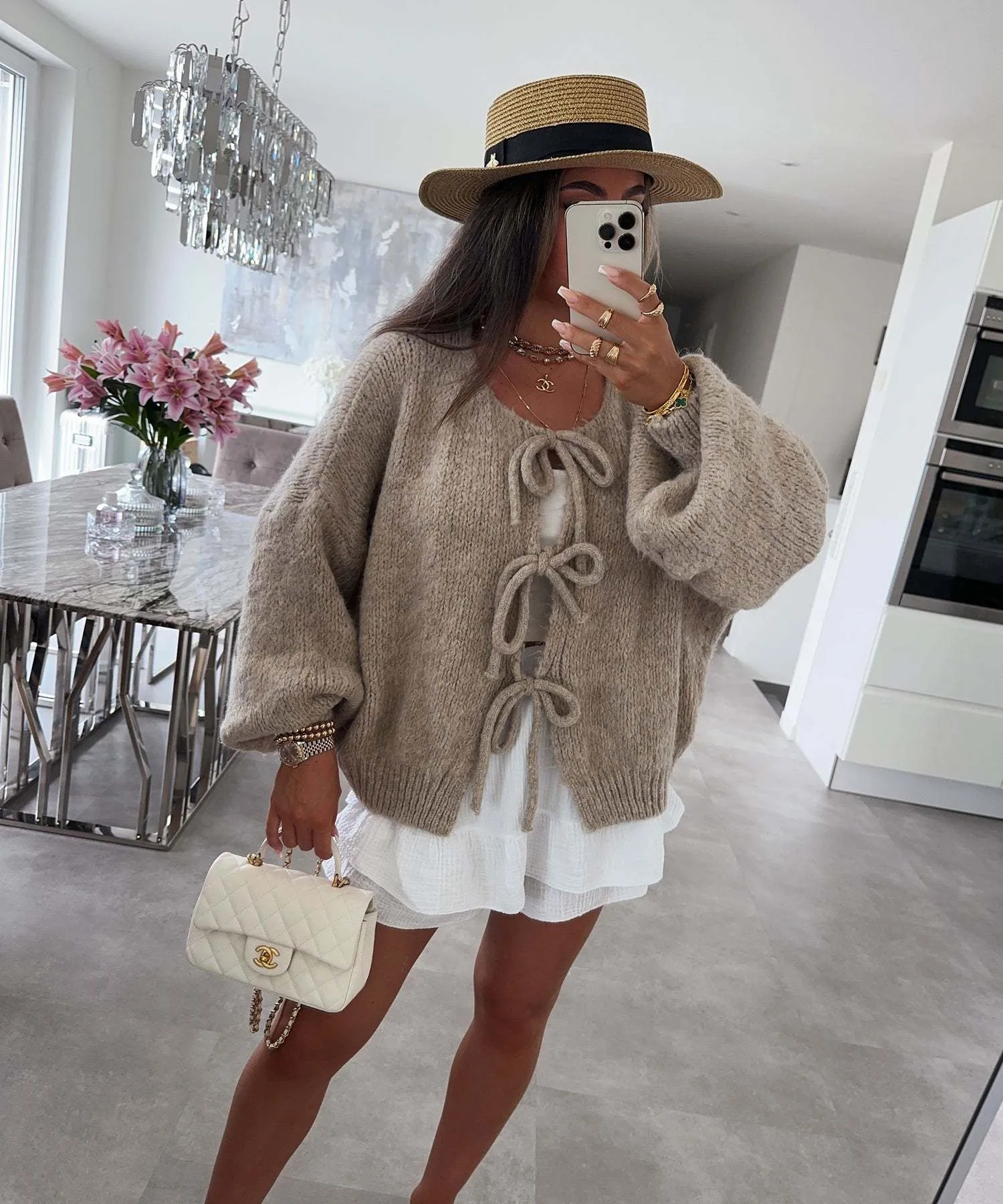 Clémence | Solid Color Crew Neck Lace-Up Cardigan