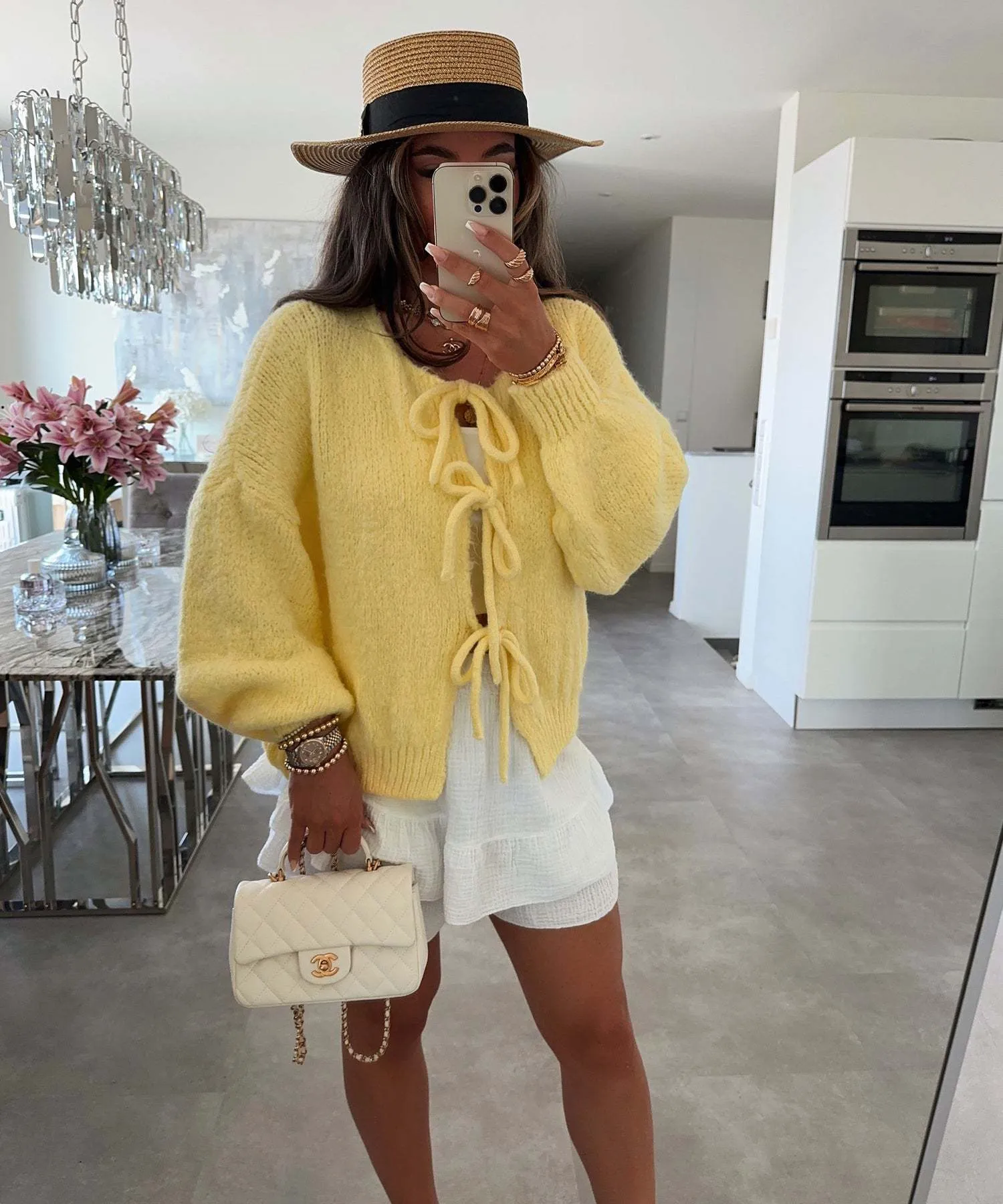 Clémence | Solid Color Crew Neck Lace-Up Cardigan