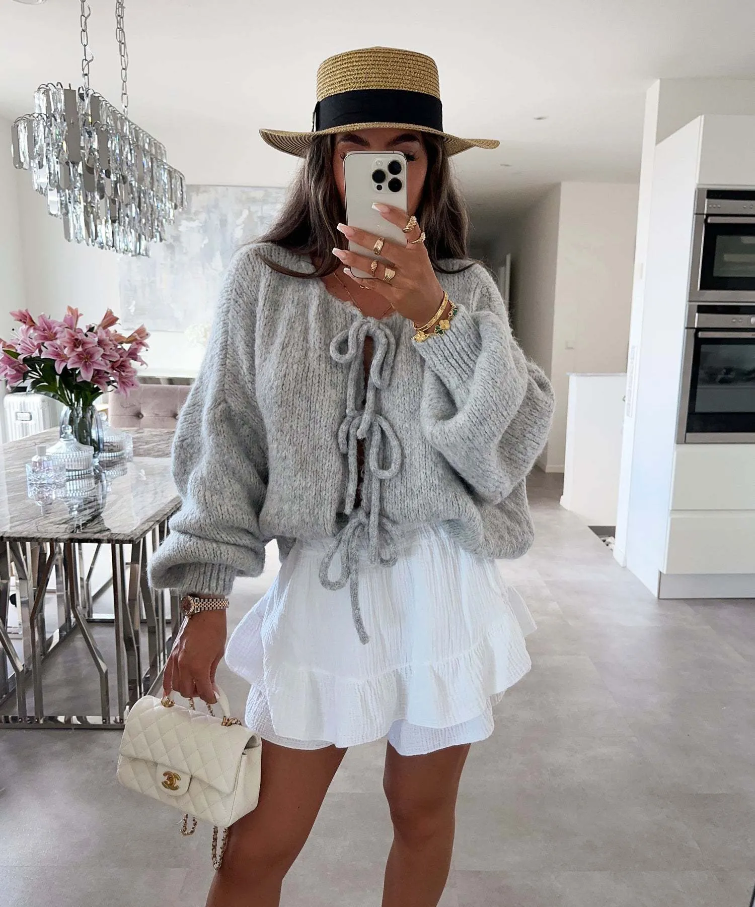 Clémence | Solid Color Crew Neck Lace-Up Cardigan