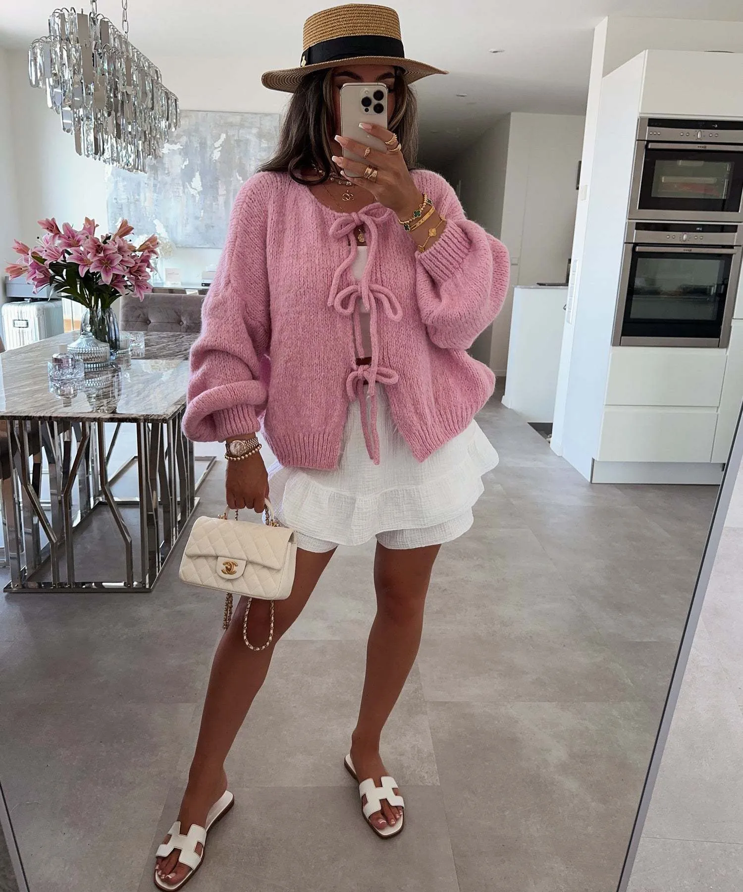 Clémence | Solid Color Crew Neck Lace-Up Cardigan