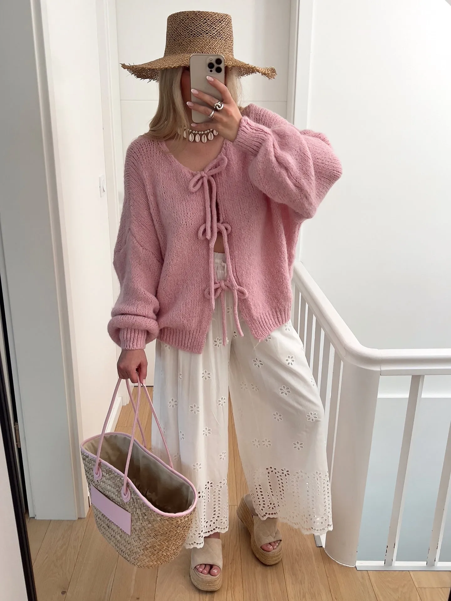 Clémence | Solid Color Crew Neck Lace-Up Cardigan