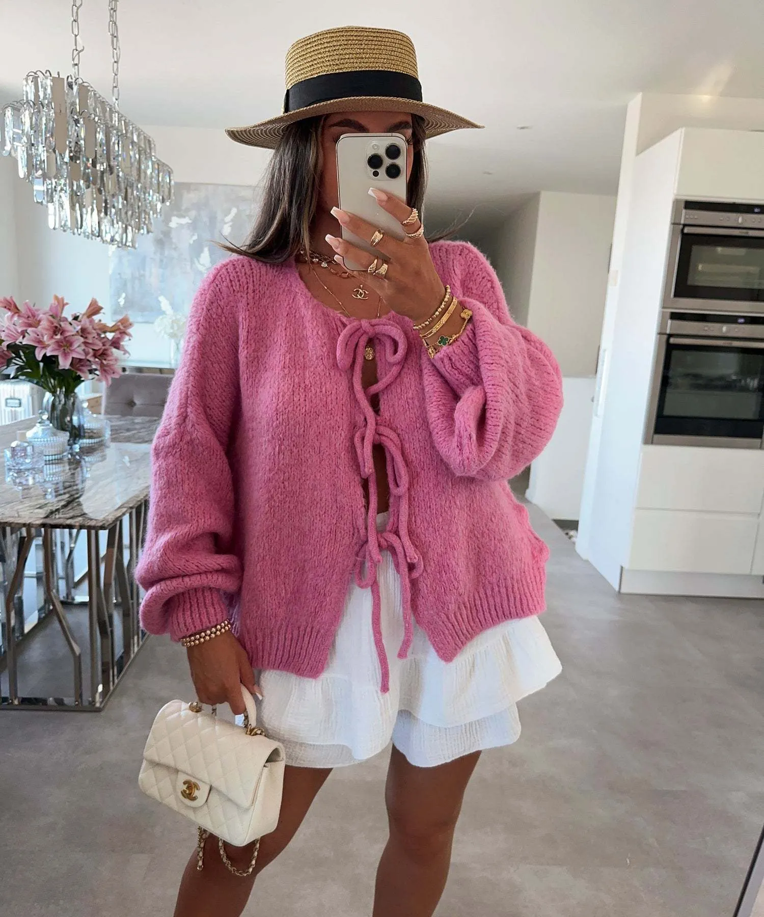 Clémence | Solid Color Crew Neck Lace-Up Cardigan