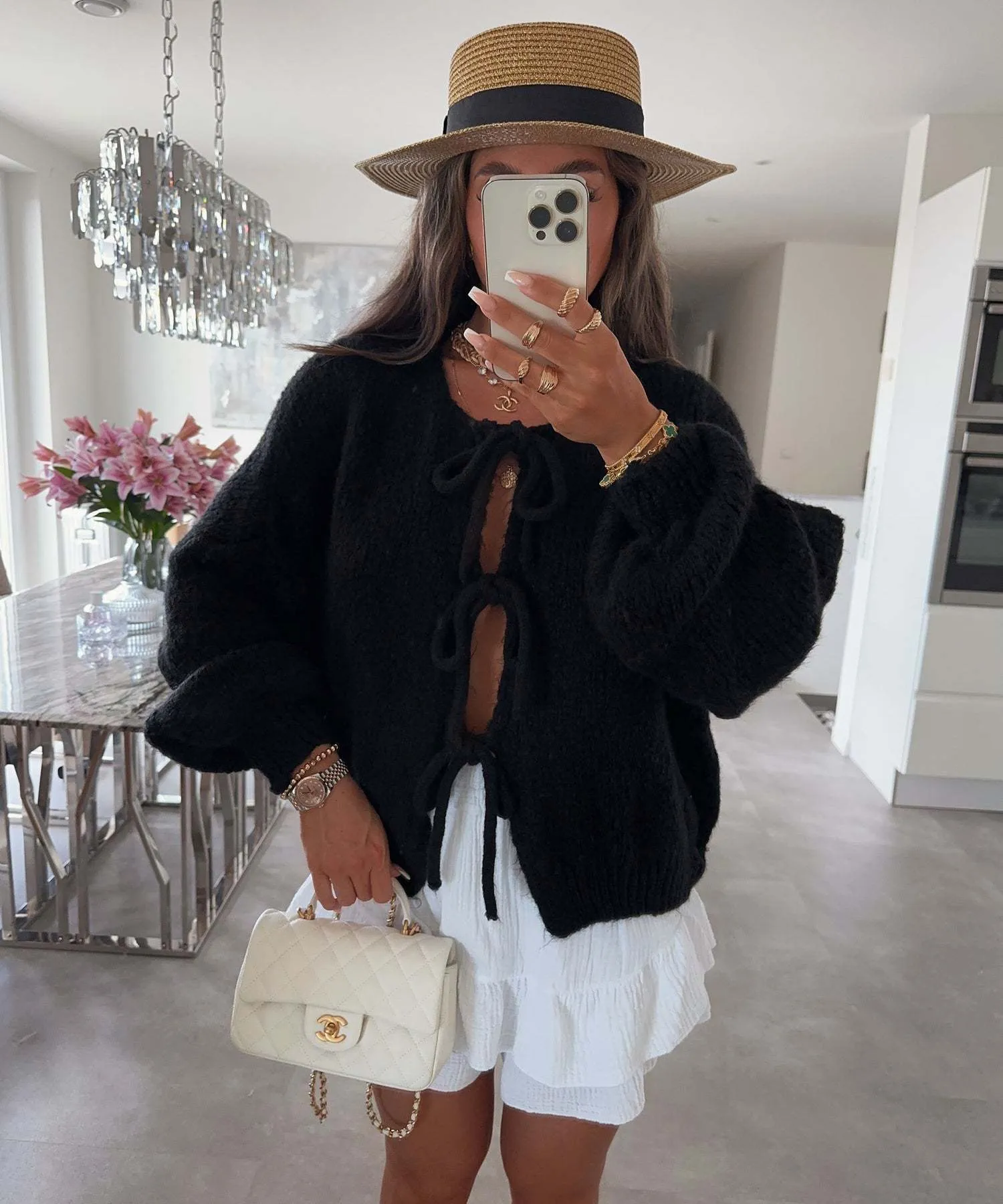 Clémence | Solid Color Crew Neck Lace-Up Cardigan
