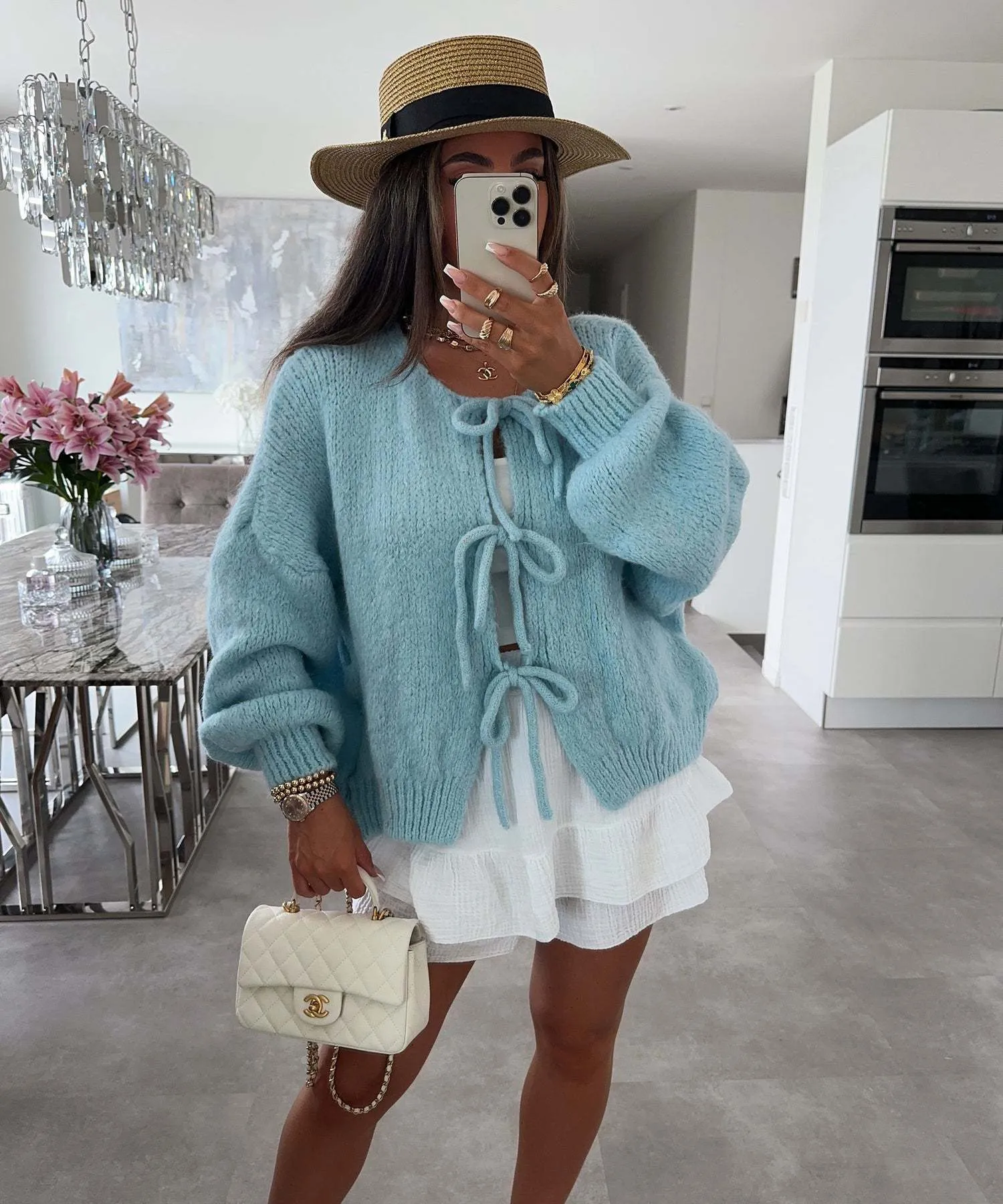 Clémence | Solid Color Crew Neck Lace-Up Cardigan