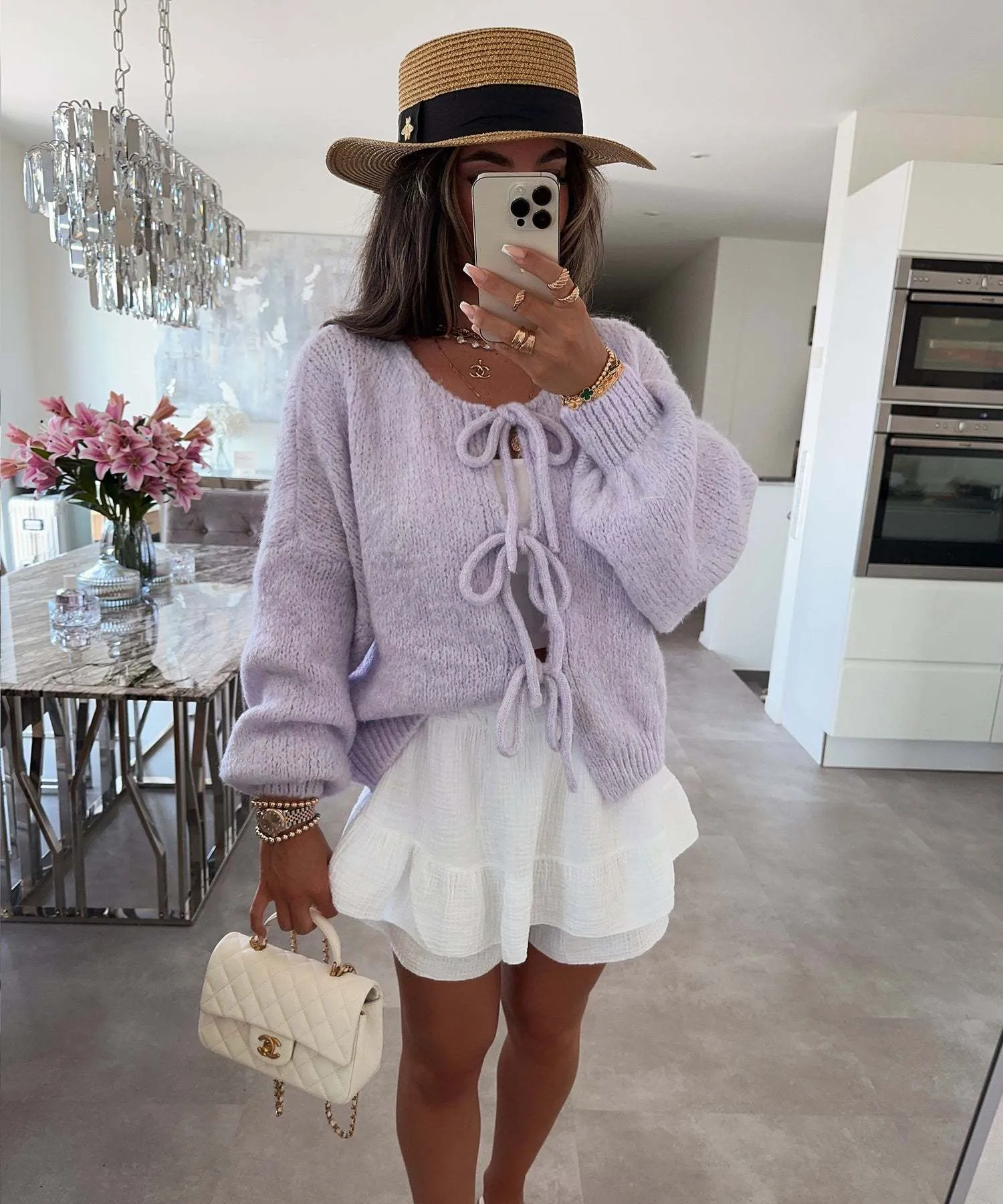 Clémence | Solid Color Crew Neck Lace-Up Cardigan