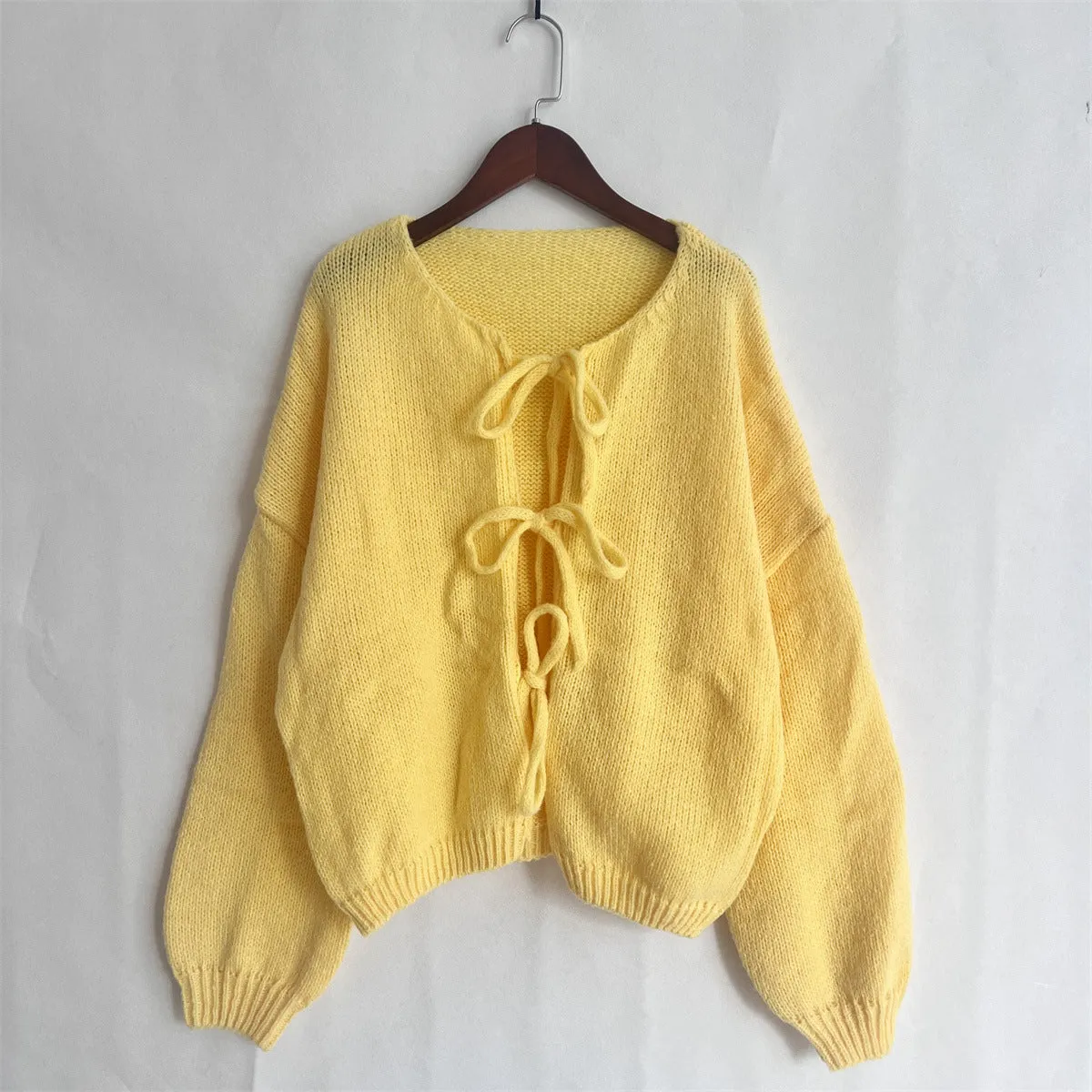 Clémence | Solid Color Crew Neck Lace-Up Cardigan
