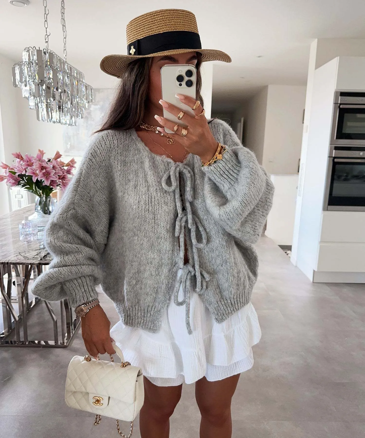 Clémence | Solid Color Crew Neck Lace-Up Cardigan