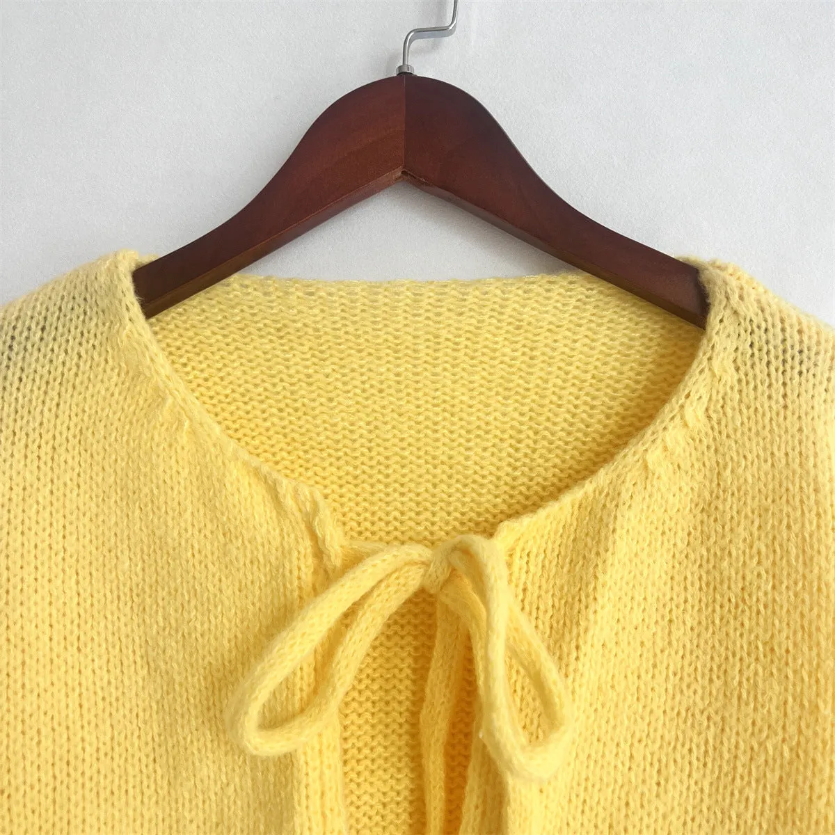 Clémence | Solid Color Crew Neck Lace-Up Cardigan