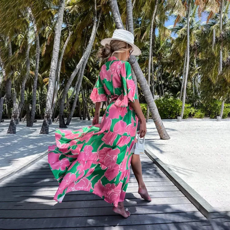 Flowy Print Holiday Loose Mid-Sleeved Dress Wholesale Dresses