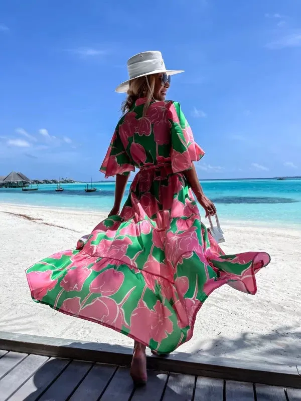 Flowy Print Holiday Loose Mid-Sleeved Dress Wholesale Dresses