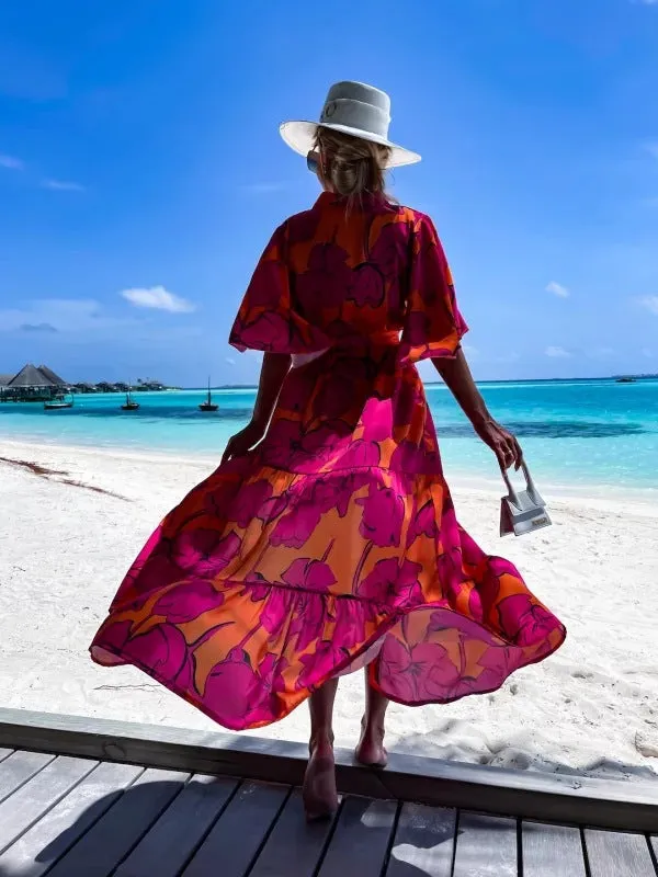 Flowy Print Holiday Loose Mid-Sleeved Dress Wholesale Dresses