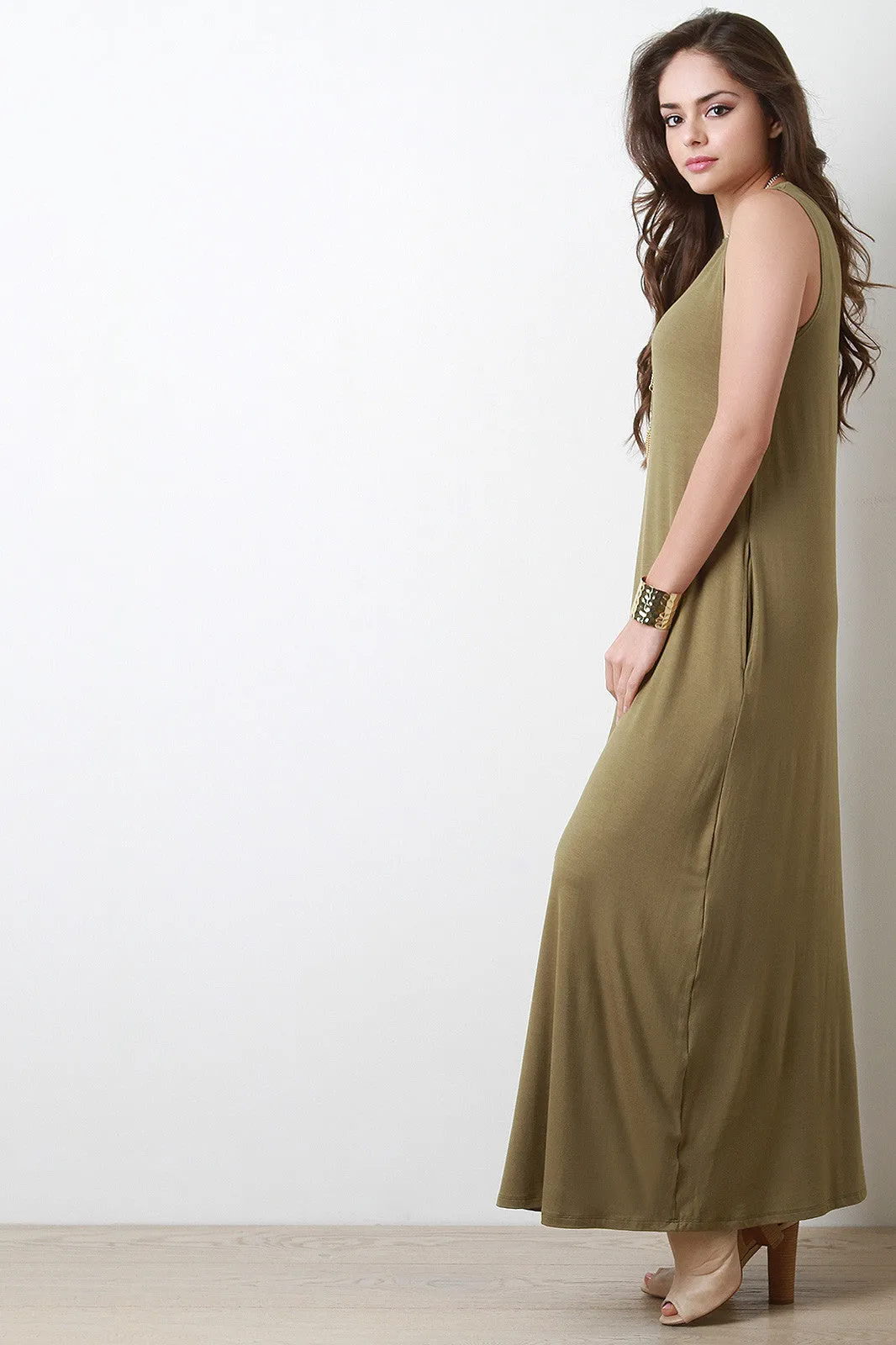 High Neck Sleeveless Shift Maxi Dress