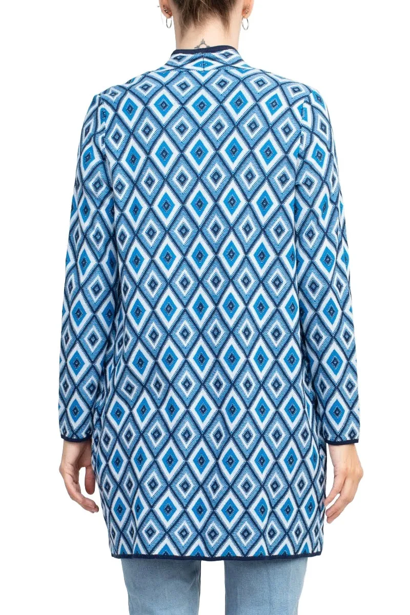 Kasper Open Front Piping Detail Diamond Jacquard Cardigan