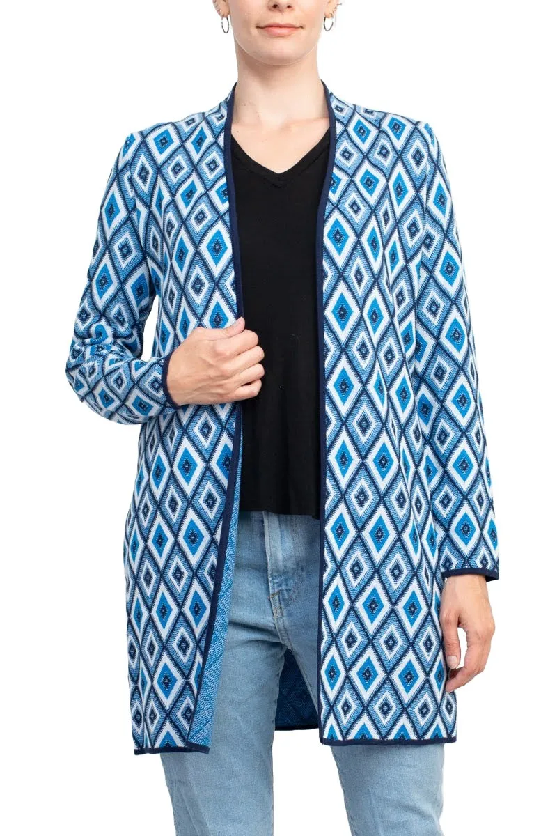 Kasper Open Front Piping Detail Diamond Jacquard Cardigan