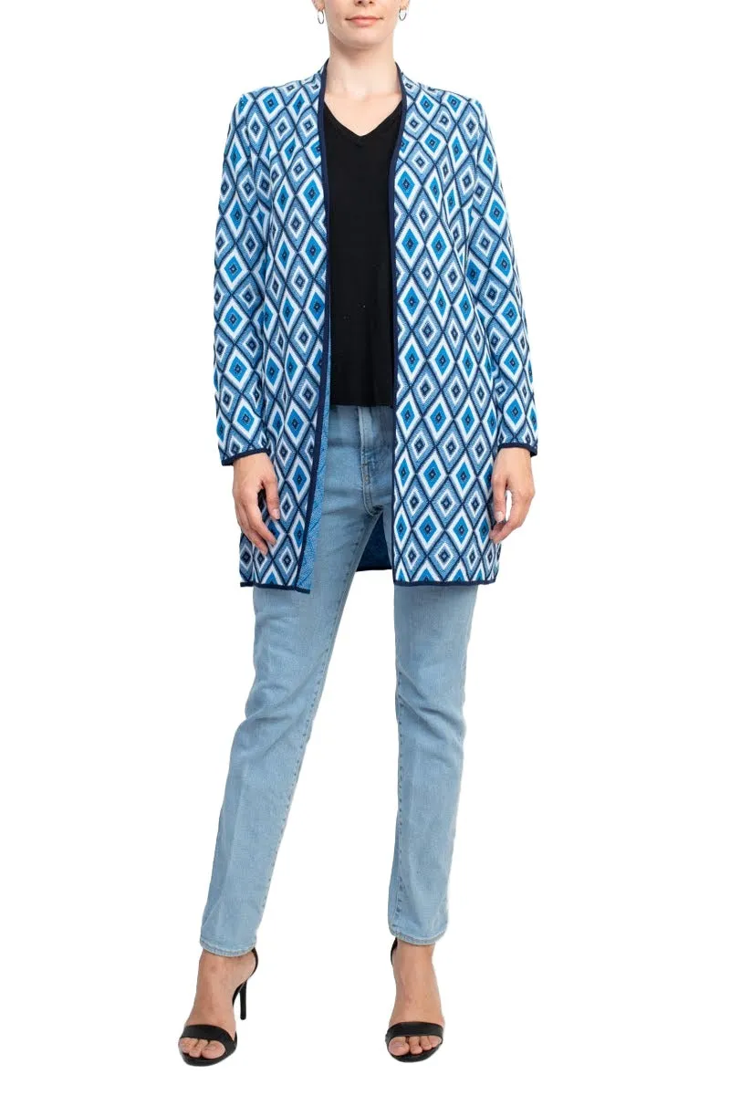 Kasper Open Front Piping Detail Diamond Jacquard Cardigan