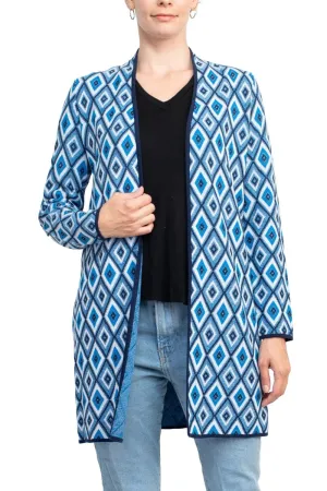 Kasper Open Front Piping Detail Diamond Jacquard Cardigan