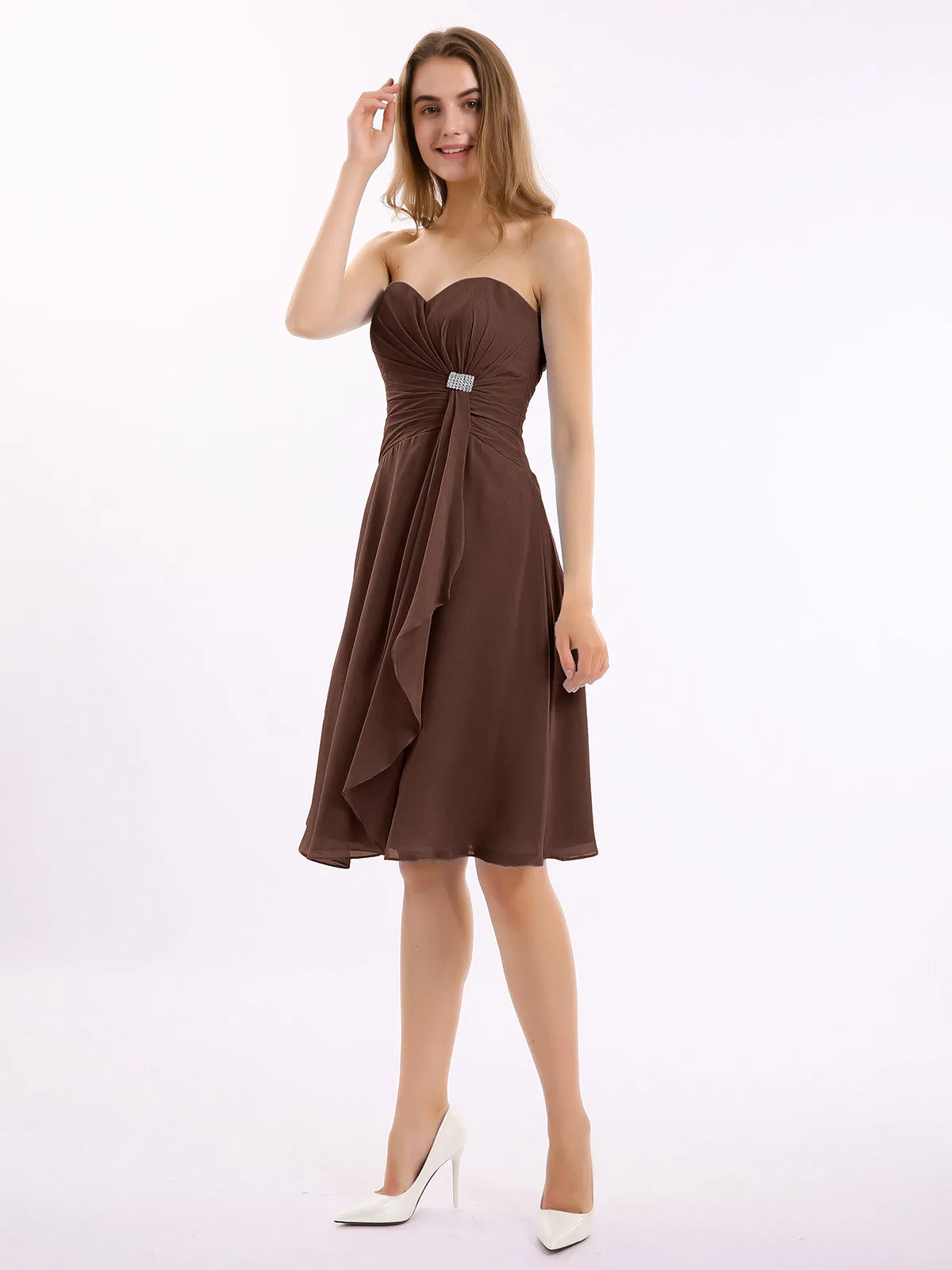 Knee Length Chiffon Dress with Sweetheart Neck-Chocolate