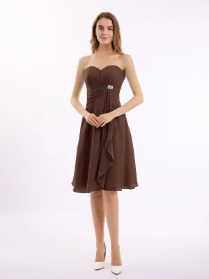 Knee Length Chiffon Dress with Sweetheart Neck-Chocolate