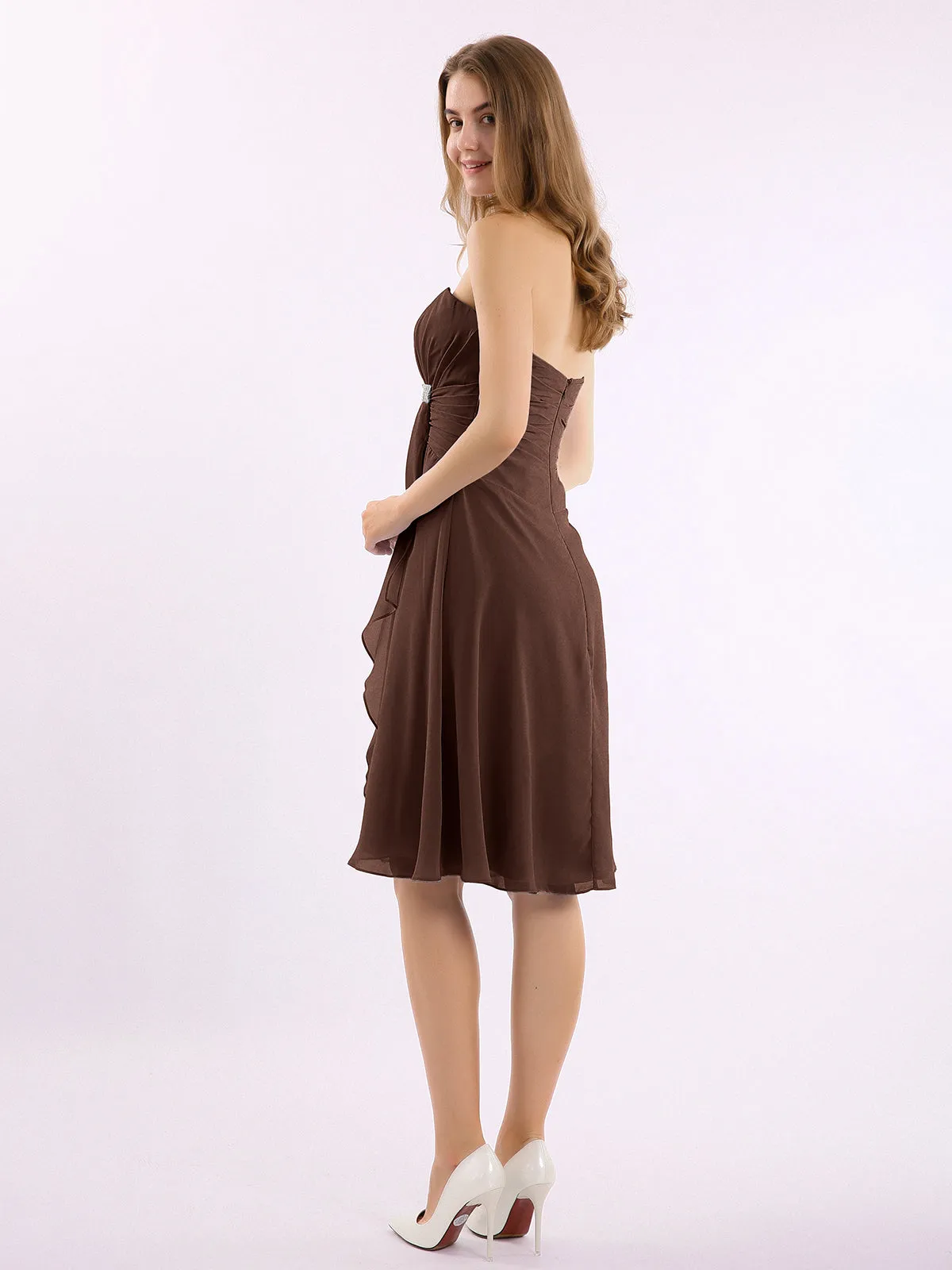 Knee Length Chiffon Dress with Sweetheart Neck-Chocolate