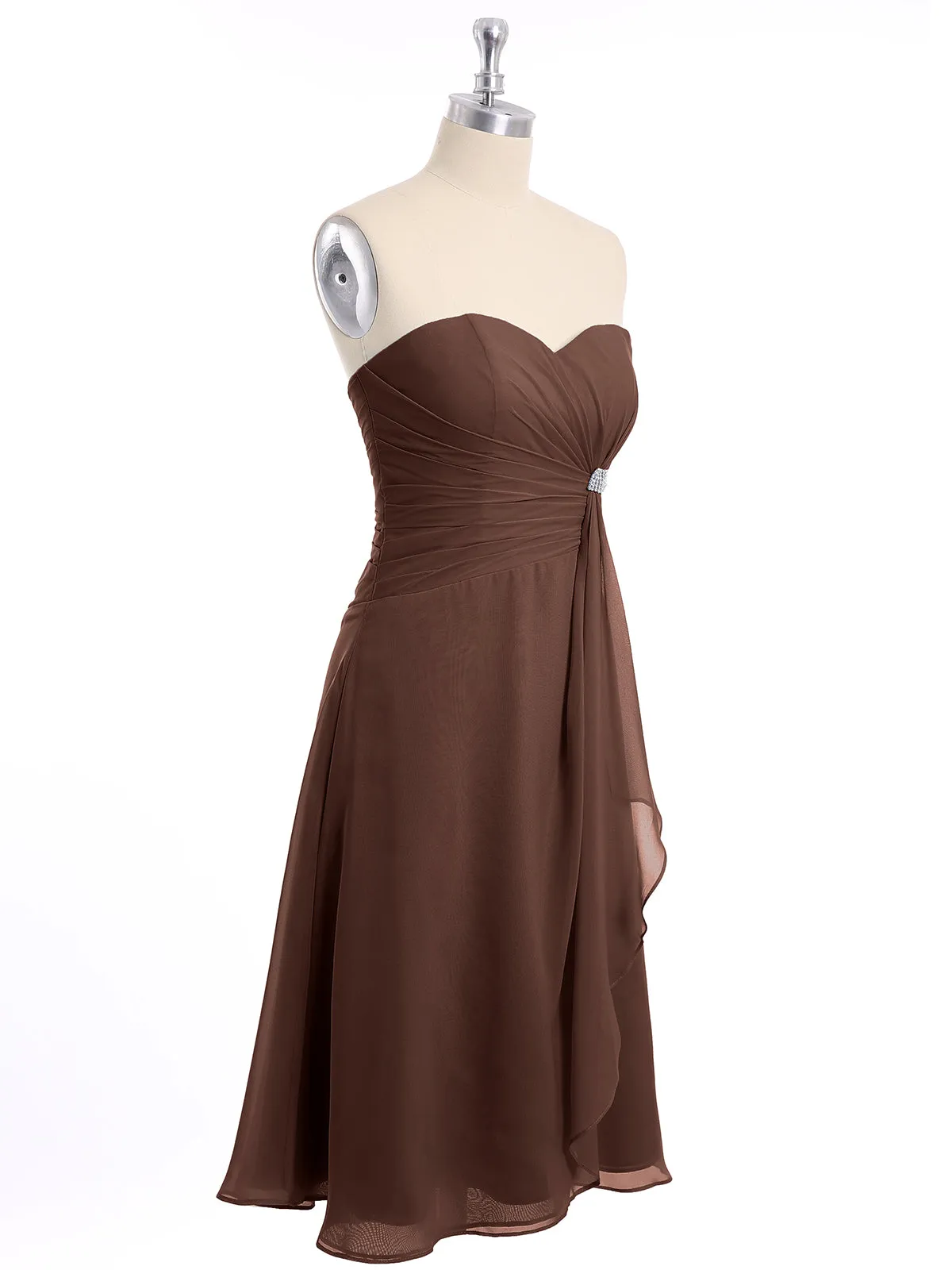 Knee Length Chiffon Dress with Sweetheart Neck-Chocolate