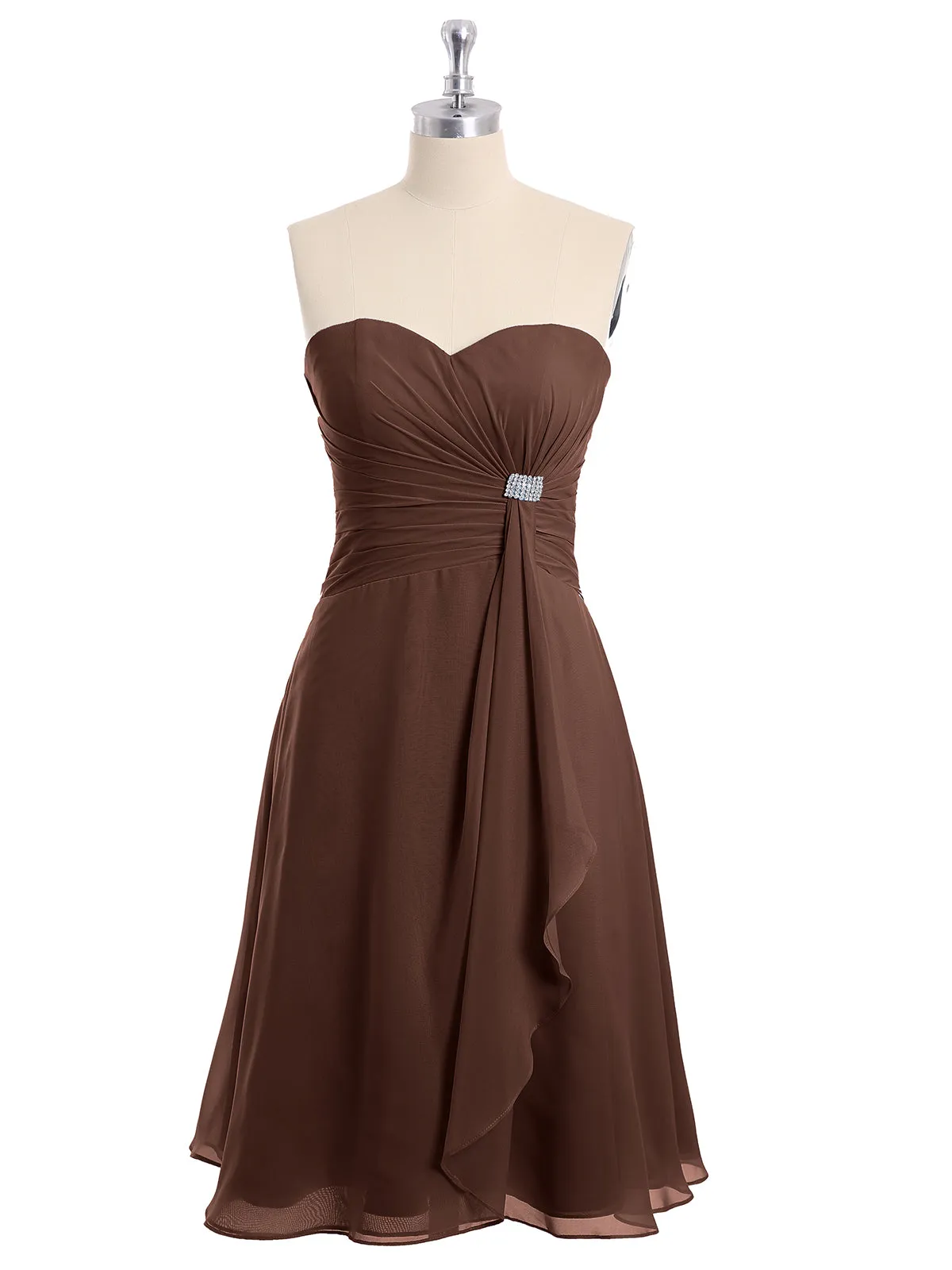 Knee Length Chiffon Dress with Sweetheart Neck-Chocolate