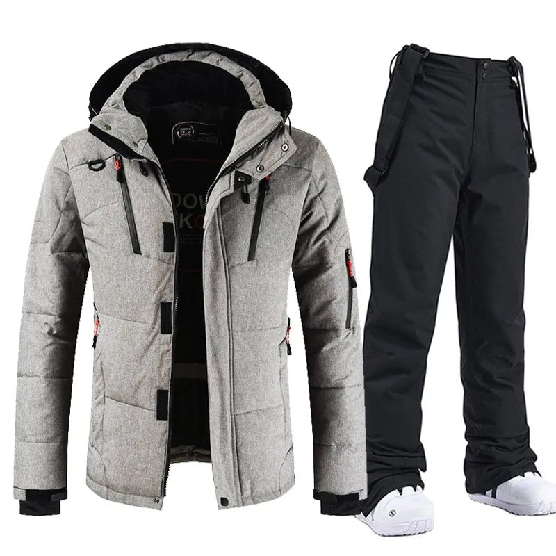Men's Windproof and Waterproof Ski Suit with Hood and Bib Pants