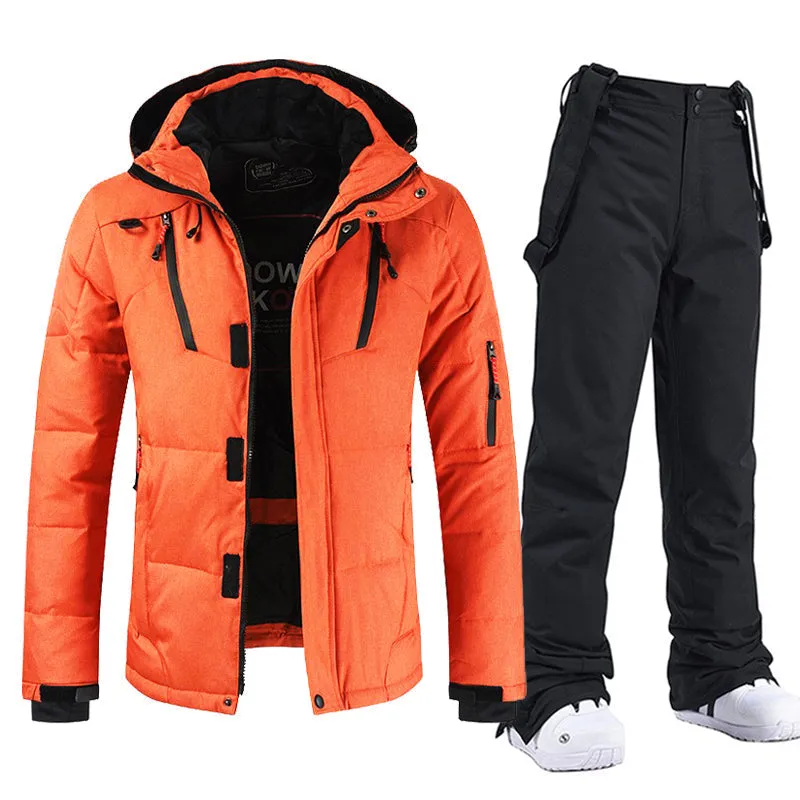 Men's Windproof and Waterproof Ski Suit with Hood and Bib Pants