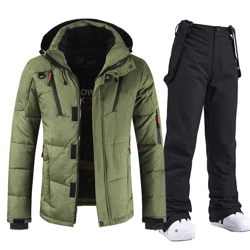 Men's Windproof and Waterproof Ski Suit with Hood and Bib Pants