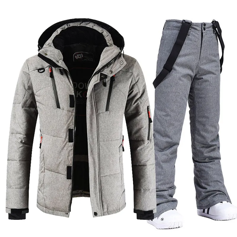 Men's Windproof and Waterproof Ski Suit with Hood and Bib Pants