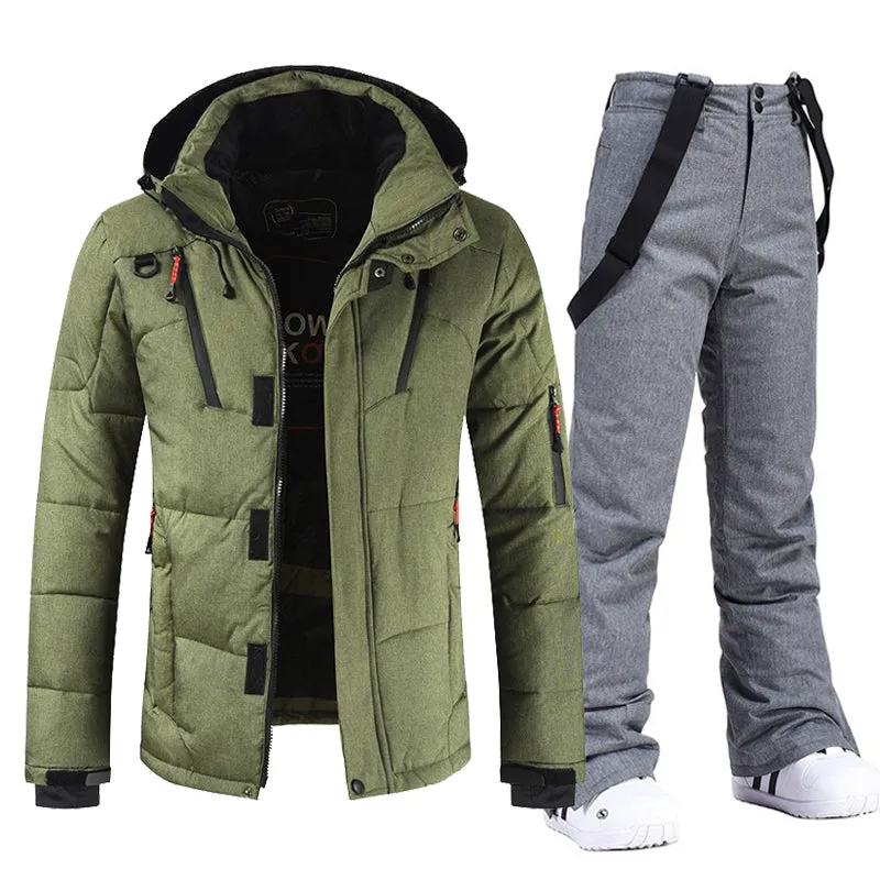 Men's Windproof and Waterproof Ski Suit with Hood and Bib Pants