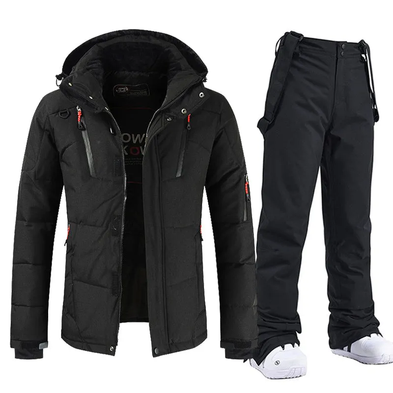 Men's Windproof and Waterproof Ski Suit with Hood and Bib Pants