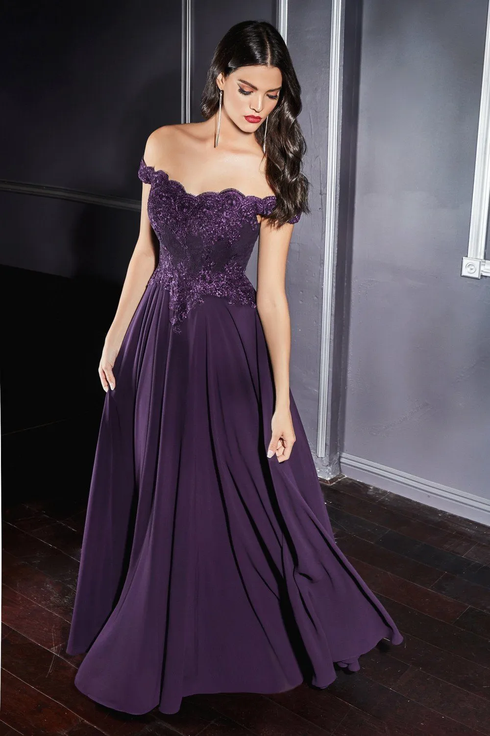 Off Shoulder Lace Bodice Gown by Cinderella Divine 7258