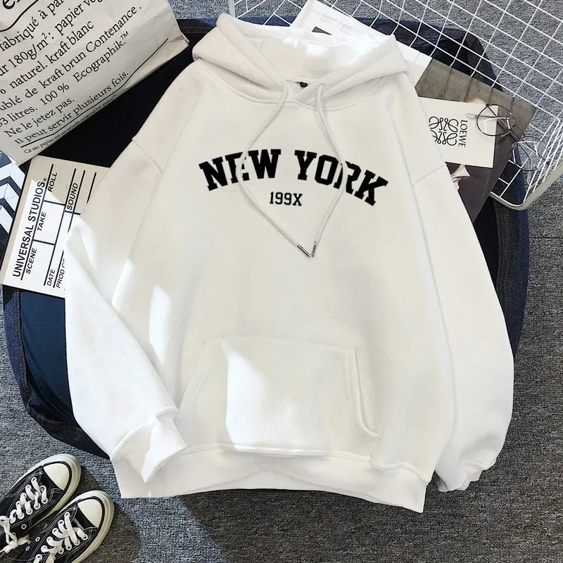 Purpdrank - NEW Sweatshirts velvet winter Women's NEW YORK printing Hooded Female Cotton Thicken Warm Hoodies Lady Autumn Tops