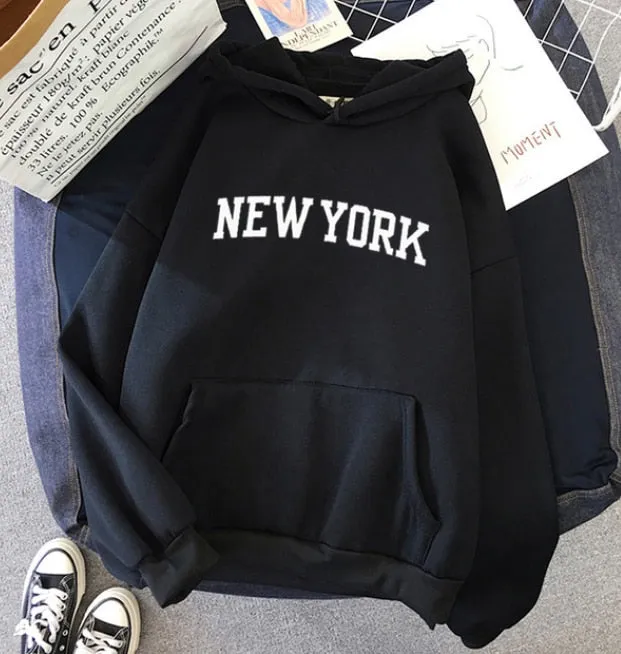 Purpdrank - NEW Sweatshirts velvet winter Women's NEW YORK printing Hooded Female Cotton Thicken Warm Hoodies Lady Autumn Tops