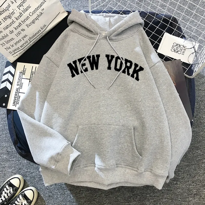Purpdrank - NEW Sweatshirts velvet winter Women's NEW YORK printing Hooded Female Cotton Thicken Warm Hoodies Lady Autumn Tops