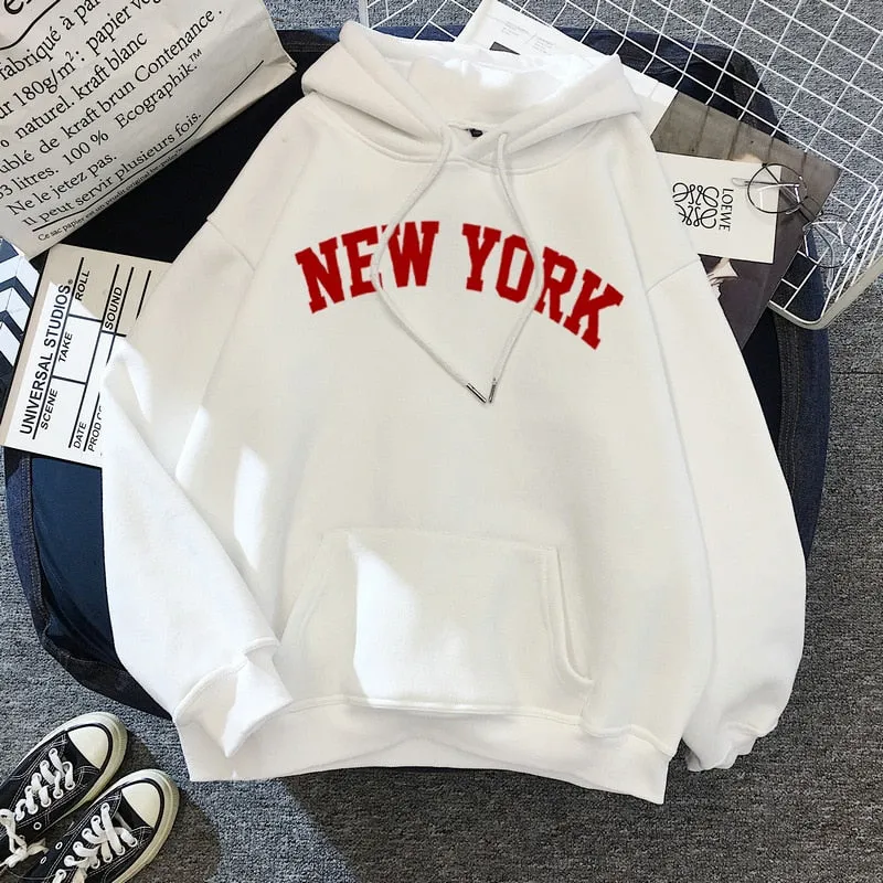 Purpdrank - NEW Sweatshirts velvet winter Women's NEW YORK printing Hooded Female Cotton Thicken Warm Hoodies Lady Autumn Tops