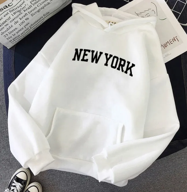 Purpdrank - NEW Sweatshirts velvet winter Women's NEW YORK printing Hooded Female Cotton Thicken Warm Hoodies Lady Autumn Tops