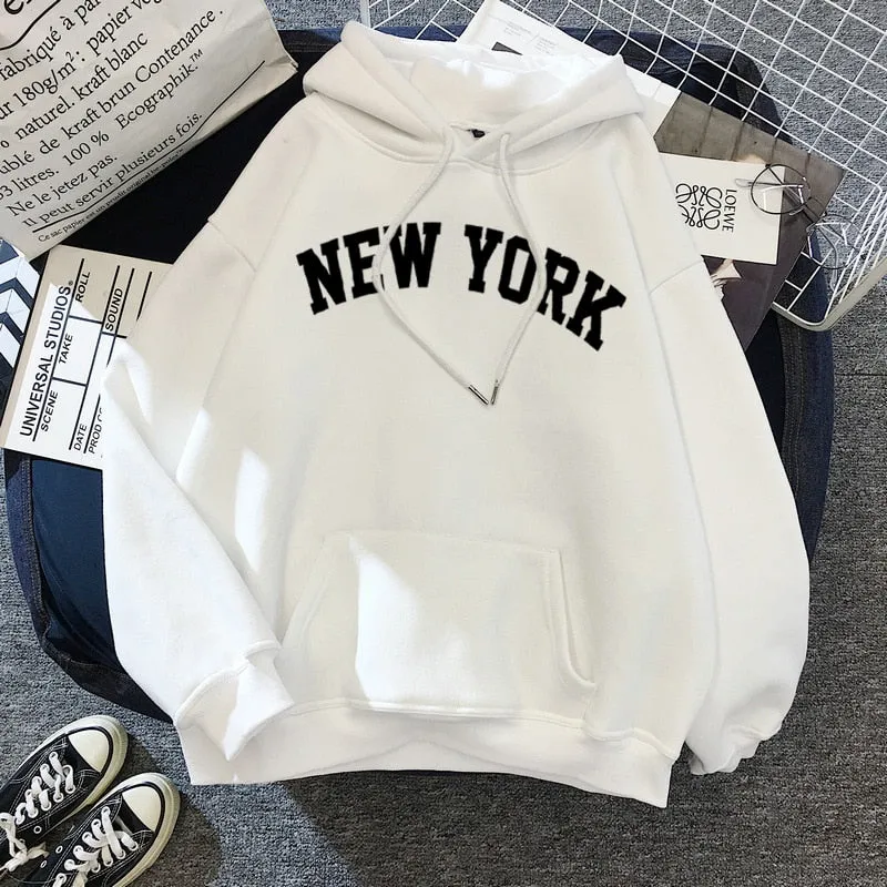 Purpdrank - NEW Sweatshirts velvet winter Women's NEW YORK printing Hooded Female Cotton Thicken Warm Hoodies Lady Autumn Tops