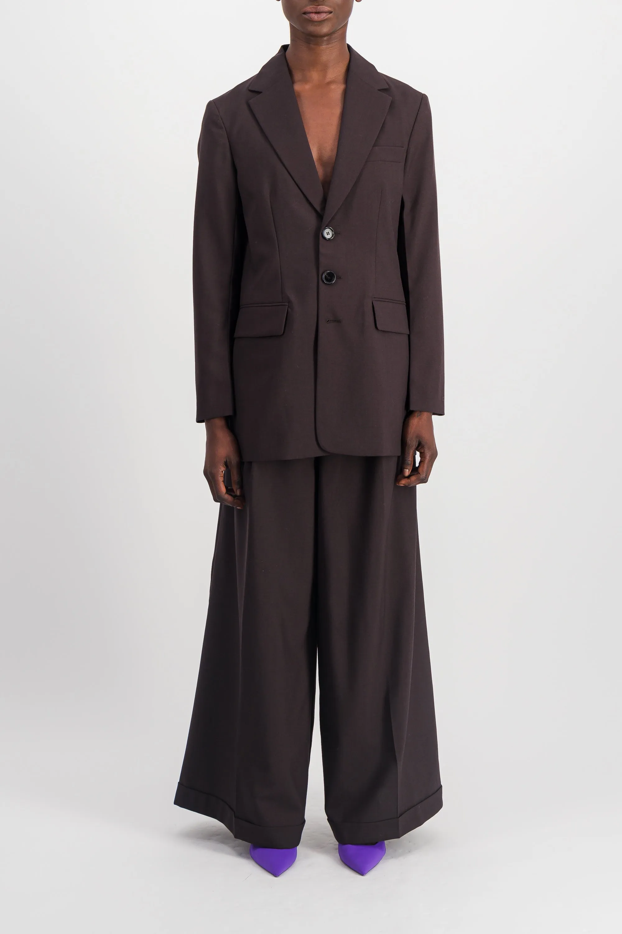 Reversible single-breasted virgin wool long blazer