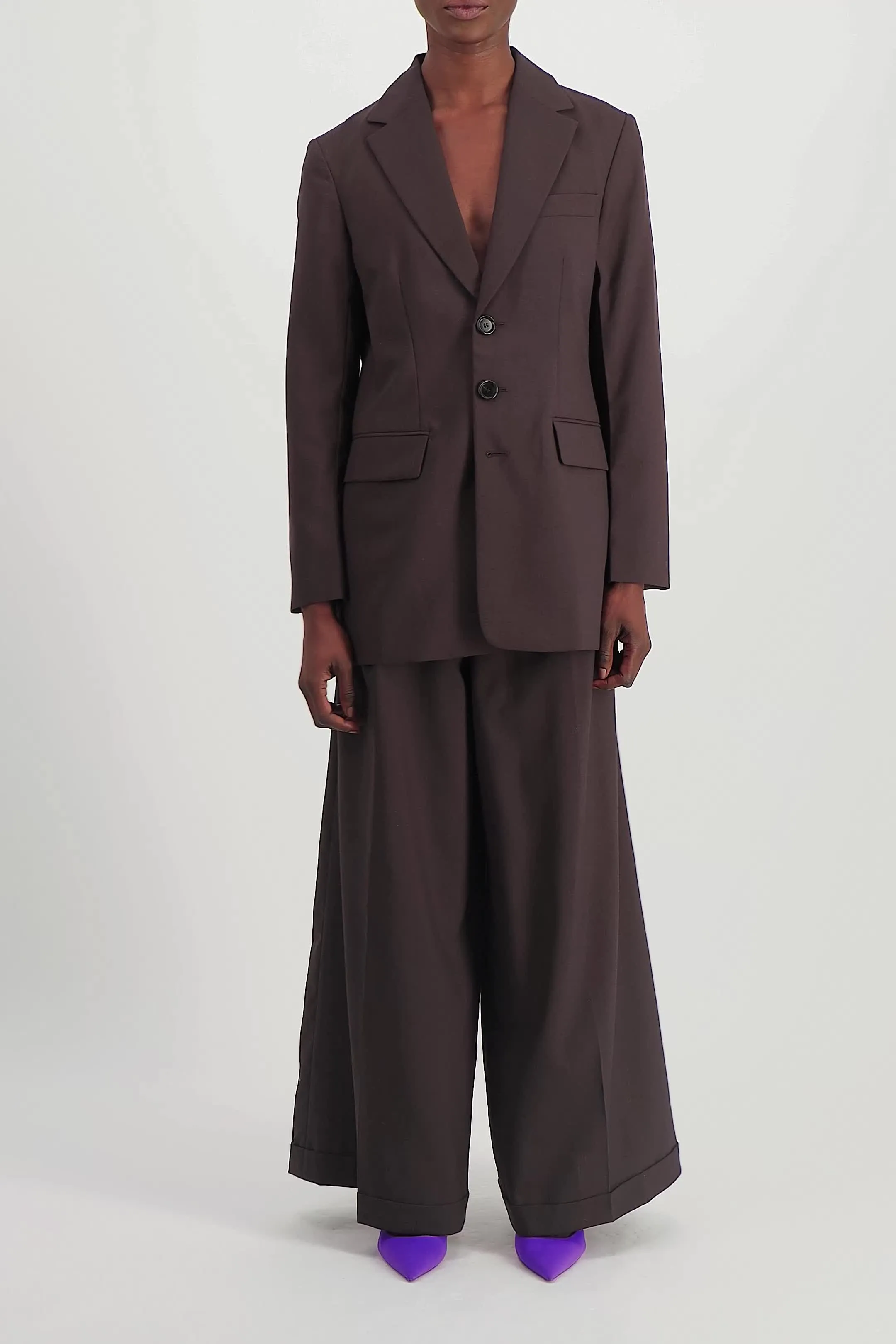 Reversible single-breasted virgin wool long blazer