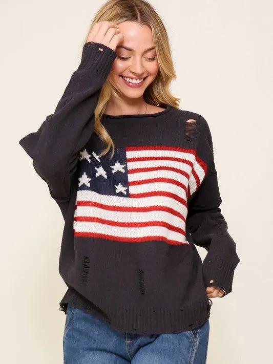 USA Flag Logo Long Sleeve Distressed Sweater