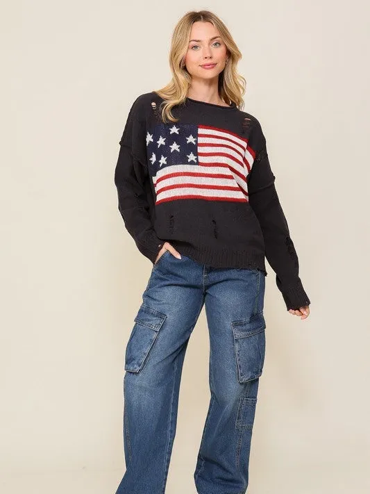 USA Flag Logo Long Sleeve Distressed Sweater