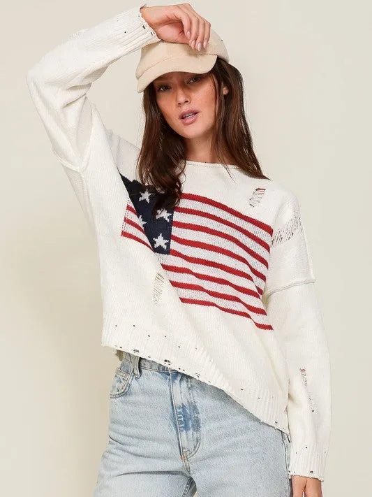 USA Flag Logo Long Sleeve Distressed Sweater