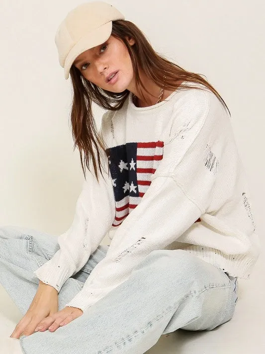 USA Flag Logo Long Sleeve Distressed Sweater