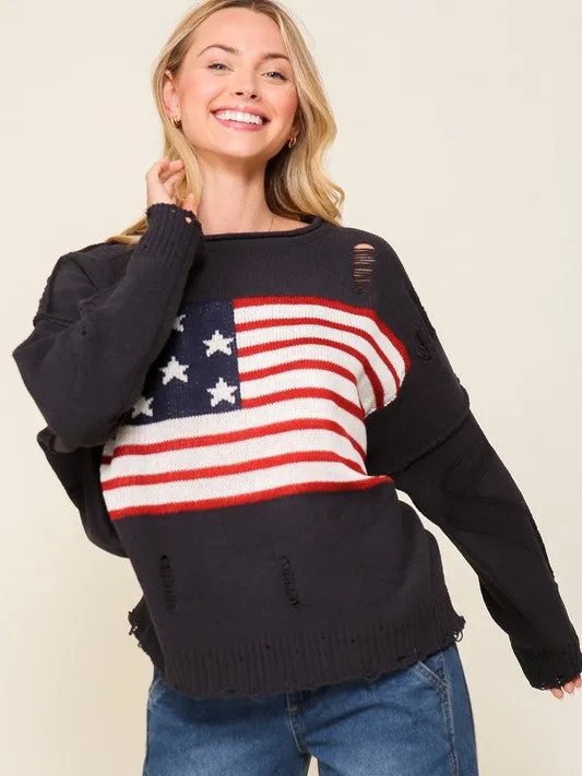 USA Flag Logo Long Sleeve Distressed Sweater